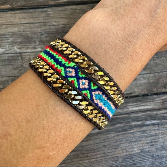 NWOT✨ Boho Western Colorful Macrame Gold Chain & Leather Friendship Bracelet - Picture 4 of 16